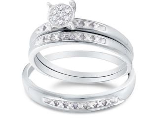 10k White Gold Diamond His & Hers Trio 3 Ring Set   Round Shape Center Setting w/ Micro Pave Set Round Diamonds   (.07 cttw, G H, SI2)   SEE "OVERVIEW" TO CHOOSE BOTH SIZES