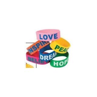 Jumbo Rubber Sayings Bracelets (12 Pack)   Message bracelets include: BELIEVE, HOPE, INSPIRE, LOVE, DREAM and PEACE