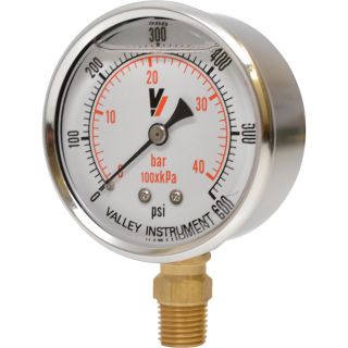 Valley Instrument Grade A Stem Mount 2 1/2in. Glycerin Filled Gauge — 0-600 PSI  Hydraulic Gauges