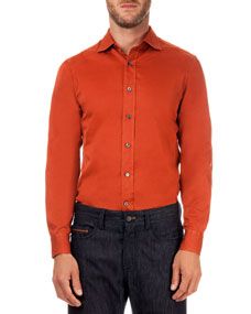 Berluti Solid Woven Button Down Shirt, Orange