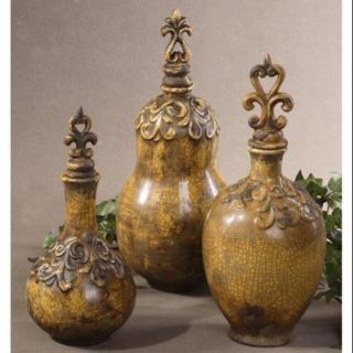 Set of 3 Old World Crest Distress Yellow Fleur de Lis Ceramic Bottles 14"