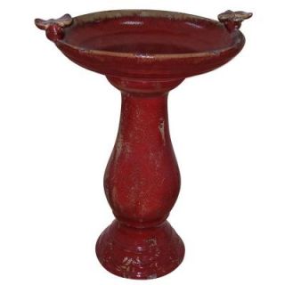 Alpine 24 in. Red Antique Ceramic Birdbath with 2 Birds TLR102RD