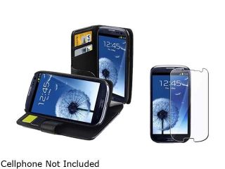Insten Black Leather Case w/ Credit Card Wallet & Reusable Screen Protector for Samsung Galaxy S3 658220
