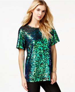Bar III Mesh Trim Sequin Top, Only at