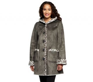 Dennis Basso Hooded Faux Shearling Coat with Leopard Print Faux Fur —