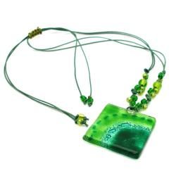 Cotton and Fused Glass Emerald Square Necklace (Chile)