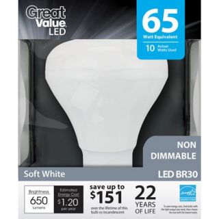 Great Value LED Light Bulb 10W (65W Equivalent) BR30 (E26), Soft White