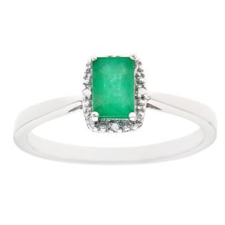 Sterling silver 6x4mm emerald cut emerald with diamond accent ring