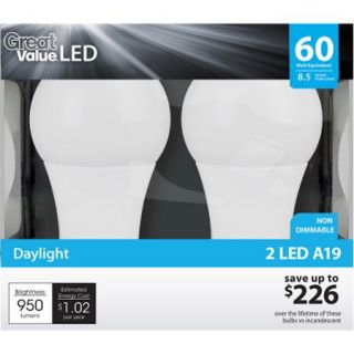 Great Value LED Light Bulb 8W A19, Daylight, 2 Pack