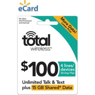 Total Wireless $100 Unlimited Talk, SMS and Shared Data (Capped at 15GB) 4 Lines, 30 Service Days (Email Delivery)