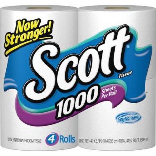 Scott Tissue 1000 Sheets Unscented Bathroom Tissue, 4 rolls