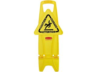 RCP 9S09 YEL Stable Multi Lingual Safety Sign, 13w x 13 1/4d x 26h, Yellow