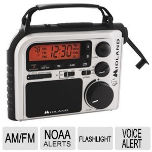Midland Weather Alert Radios   Dynamo Crank, FM/AM Radio, Alert Override, 3 Types of Power, NOAA Weather Alert, Freeze Alert, Backlit LCD, Clock w/Alarm, Water Resistant, Visual Alerts   ER102