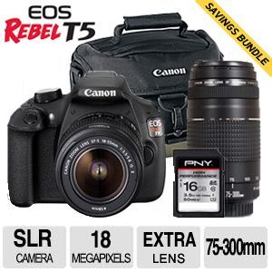 Canon EOS Rebel T5 Digital SLR   18 Megapixels, 3x Optical Zoom, EF S 18 55mm IS II Lens Kit + EF 75 300mm f/4 5.6 III Lens & SD Card Bundle   9126B003