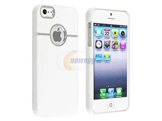 Insten White with Chrome Hole Rear Snap on Rubber Coated Case Cover + Silver Stylus Pen Compatible with Apple iPhone 5