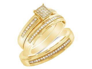 .925 Silver Plated in Yellow Gold Diamond His & Hers Trio Set   Square Shape Center Setting w/ Micro Pave Set Round Diamonds   (1/4 cttw, G H, SI2)   SEE "OVERVIEW" TO CHOOSE BOTH SIZES