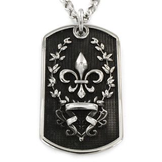 Stainless Steel Antiqued Dog Tag with Fleur de Lis Pendant