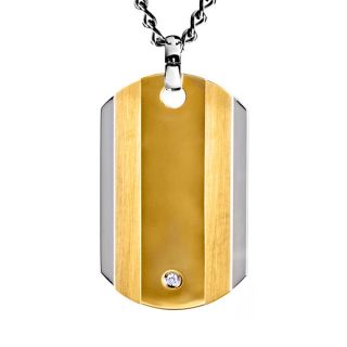 Two tone Stainless Steel Mens Clear Cubic Zirconia Dog Tag Necklace