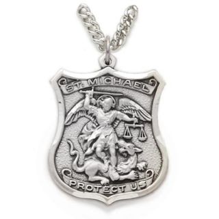 .925 Sterling Silver Engraved Saint St. Michael Shield Medal Patron Of Police Officers Popular Comes with a 24'' Chain Necklace in a deluxe velvet box