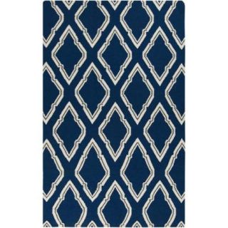 8' x 11' Diamond Scroll Navy and Off White Hand Woven Wool Area Throw Rug