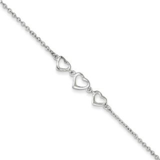 Sterling Silver 10 +1 In Ext Three Hearts Anklet
