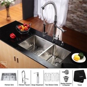Kraus KHU103 33 KPF1602 KSD30CH 33 inch Undermount Double Bowl Stainless Steel Kitchen Sink with Chrome Kitchen Faucet and Soap Dispenser