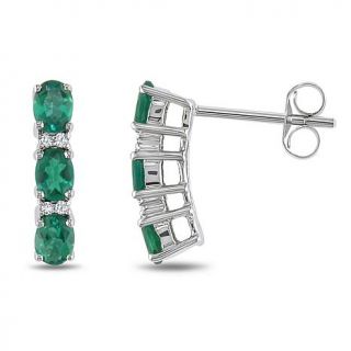 10K White Gold .04ct Stacked White Diamond and Created Emerald Clutch Back Earr   7792096