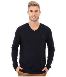 Lacoste Mixed Stretch Wool Rib V Neck Sweater Navy Blue/Navy Blue