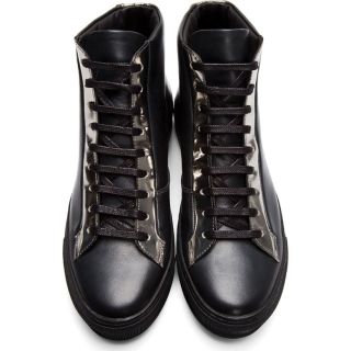 Raf Simons Black Leather & Reflective Silver High Top Sneakers