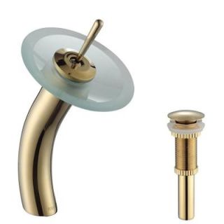 KRAUS Single Hole Single Handle Low Arc Vessel Glass Waterfall Bathroom Faucet in Gold with Glass Disk in Frosted KGW 1700 PU 10G FR