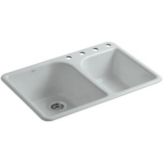 KOHLER Executive Chef Top Mount Cast Iron 33 in. 4 Hole Double Bowl Kitchen Sink in Ice Grey K 5932 4 95