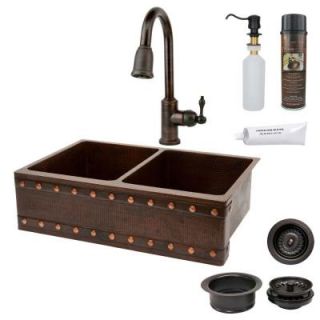 Premier Copper Products All in One Undermount Copper 33 in. 0 Hole 50/50 Double Bowl Kitchen Sink with Barrel Strap Design in Oil Rubbed Bronze KSP2_KA50DB33229BS