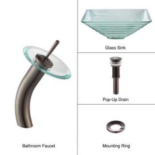 KRAUS Alexandrite Glass Bathroom Sink in Clear with Single Hole 1 Handle Low Arc Waterfall Faucet in Oil Rubbed Bronze C GVS 910 15mm 10ORB
