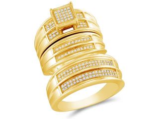 .925 Silver Plated in Yellow Gold Diamond His & Hers Trio Set   Square Shape Center Setting w/ Micro Pave Set Round Diamonds   (2/5 cttw, G H, SI2)   SEE "OVERVIEW" TO CHOOSE BOTH SIZES