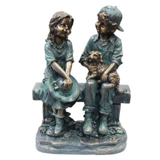 Alpine Girl and Boy Sitting on Bench with Puppy Statue