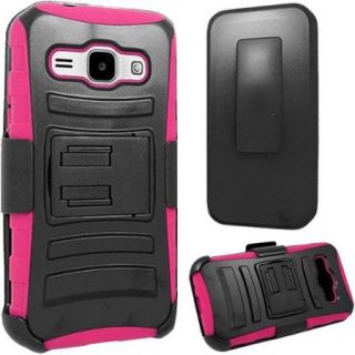 Insten Symbiosis Hard Dual Layer Plastic Silicone Case w/Holster For Samsung Galaxy J1   Black/Hot Pink