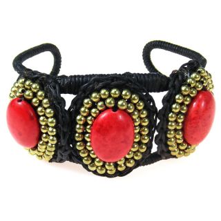 Coral Triple Brass Beaded Oval Adjustable Cuff Bracelet (Thailand
