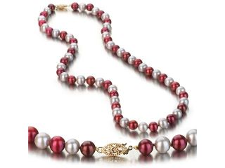 UniquePearl 14K Yellow Gold 6.5 7mm Multi Color Cranberry and Grey Freshwater Cultured Pearl Necklace AA+ Quality Pearls, 18 Inch