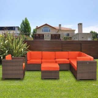 Atlantic Contemporary Lifestyle Marseille 8 Piece Patio Sectional Seating Set with Orange Cushions PLI MARSEOR
