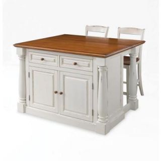 Home Styles Monarch Kitchen Island in White with Oak Top and Two Stools 5020 948