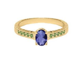 1.15 Ct Oval Checkerboard Blue Iolite Green Peridot 18K Yellow Gold Plated Silver Ring