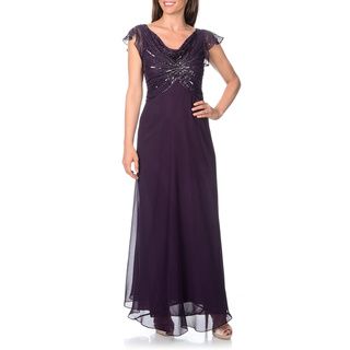 Laxmi Womens Beaded Sequined Cowl Neck Flutter Sleeve Evening Gown